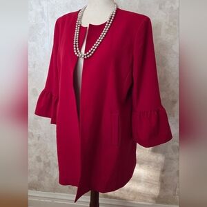 Anne Klein Red Ruffle Sleeve Open Blazer Jacket Career Statement Piece Size L